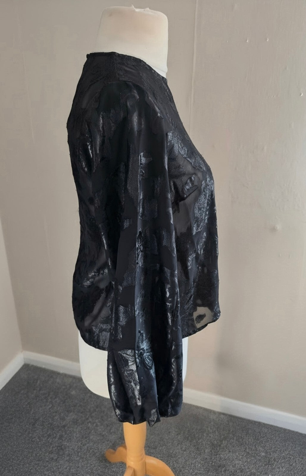 Primark Black Floral Sparkly Sheer Long Sleeved Blouse Size 8