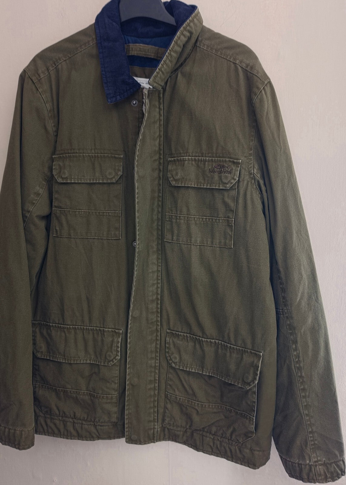 Weird Fish Men’s Khaki Green Heavyweight  Canvas Coat with Cord Collar - Size S