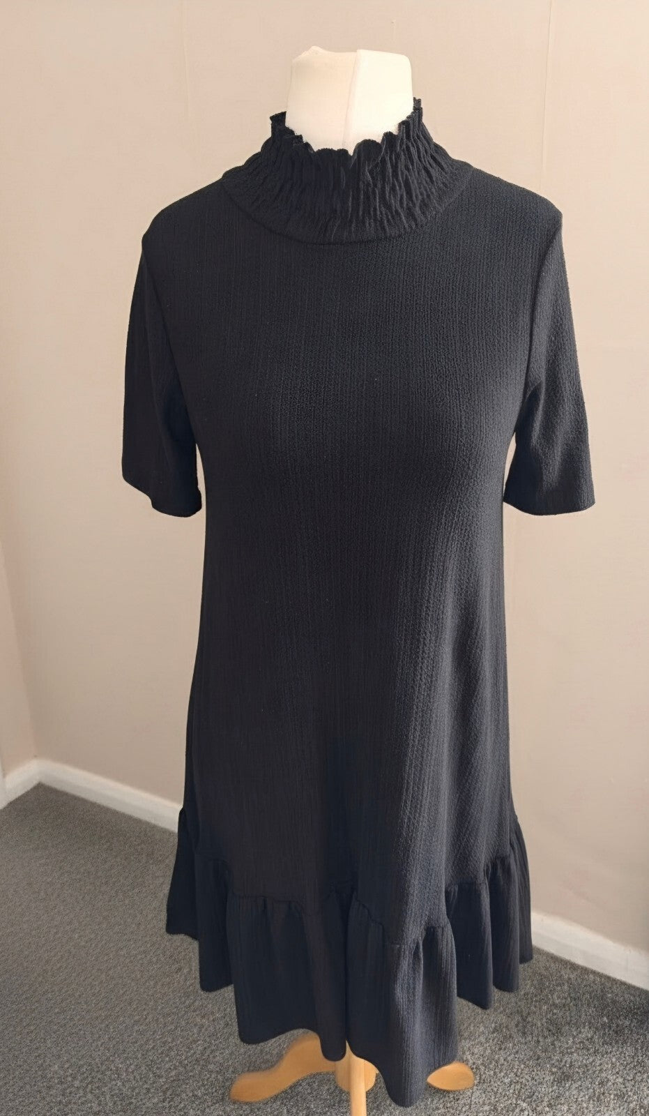 Zara Black High-Neck Textured Frill Hem Dress Small Size 8–10