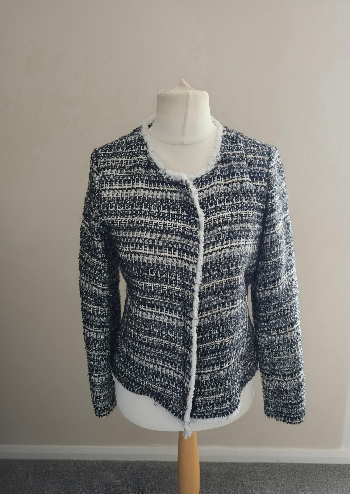 Next Tailoring Black White & Silver Tweed Frayed Trim Zip Jacket Blazer Size 10R