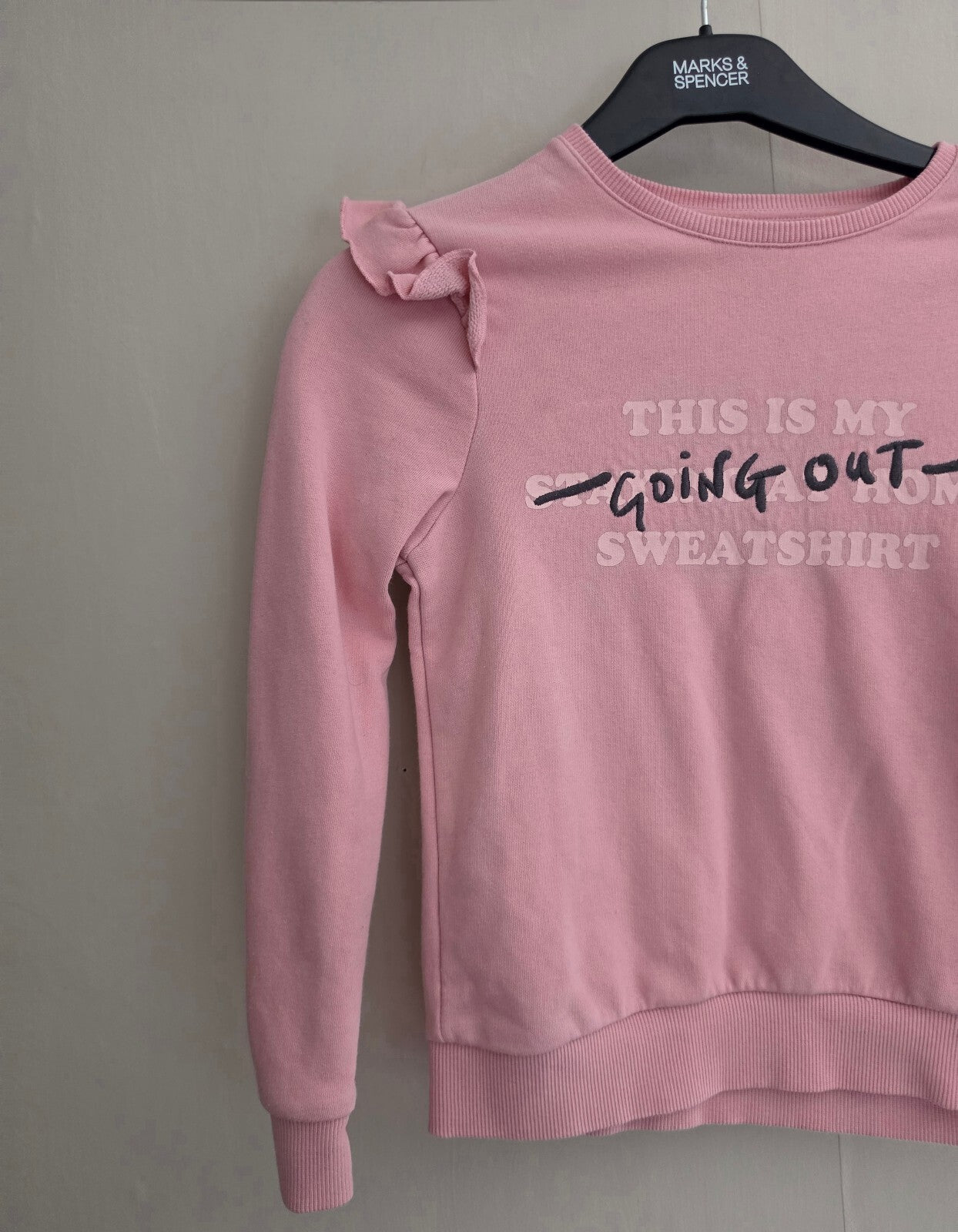 F&F Girls Pink Slogan Frill Shoulder Sweatshirt Age 7-8 Years