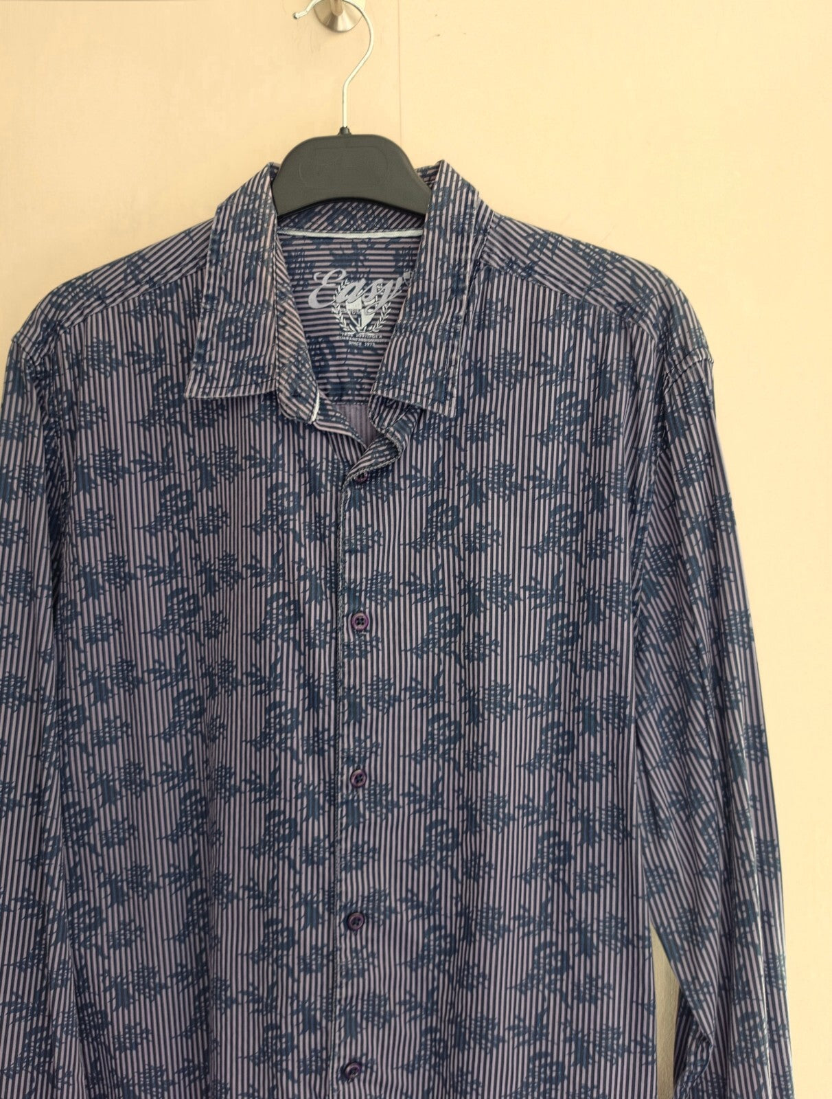 Easy Men's Floral Overlay & Vertical Stripe Cotton Shirt Size Large