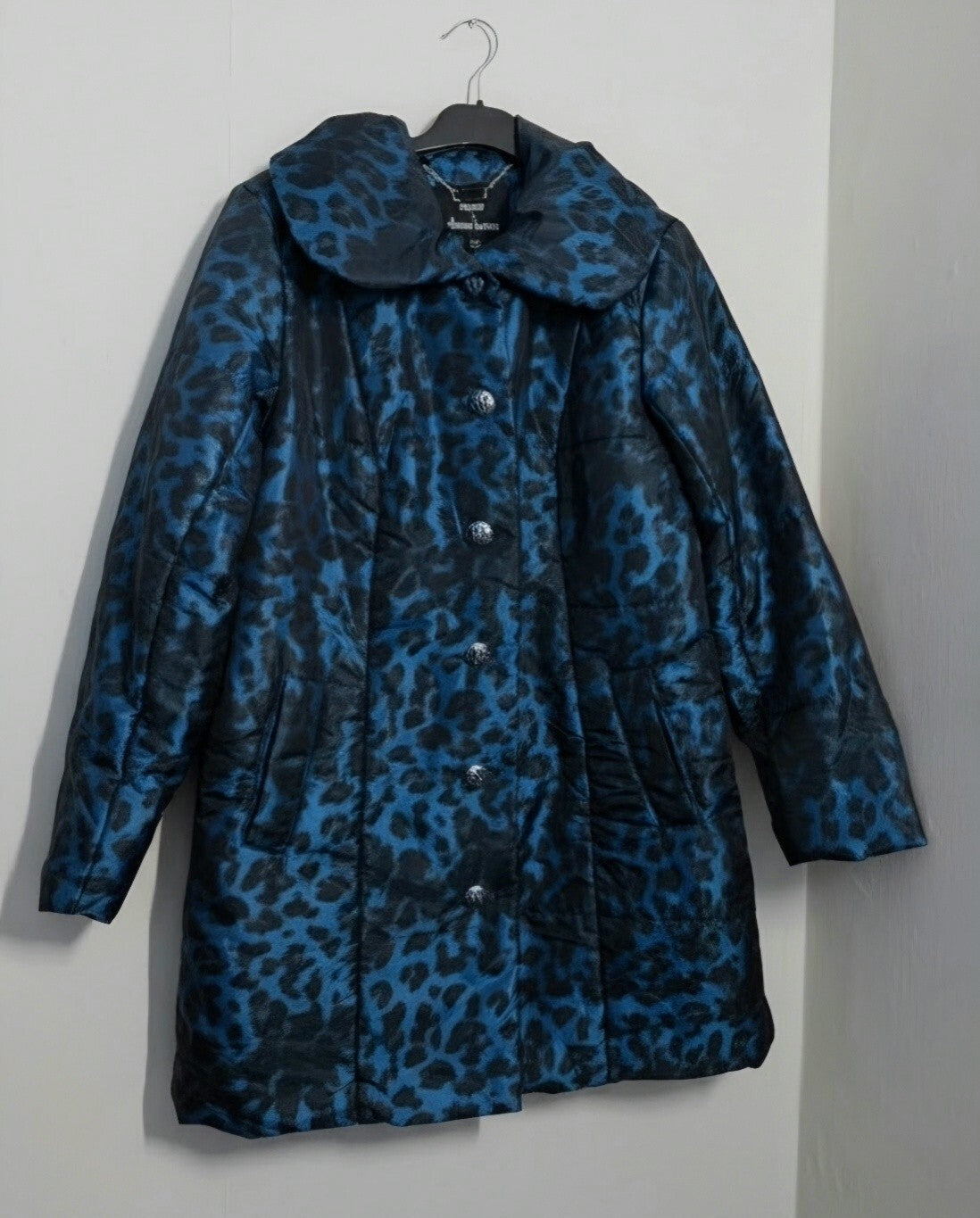 Dennis Basso Blue & Black Leopard Print Padded Coat – Small (Size 8–10)