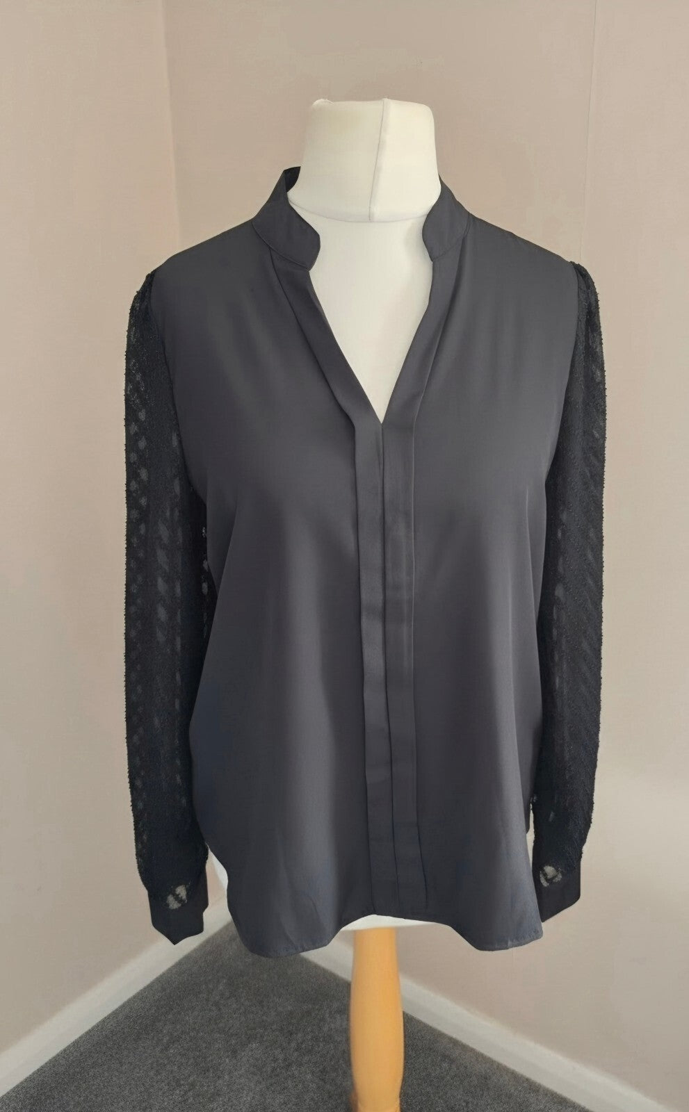 Shein Black V-Neck Blouse with Sheer Netted Mesh Sleeves Size 8–10