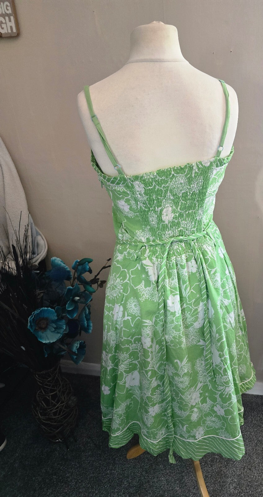 New Look Y2K Green & White Floral Cotton Belted Flared Dress Size 14