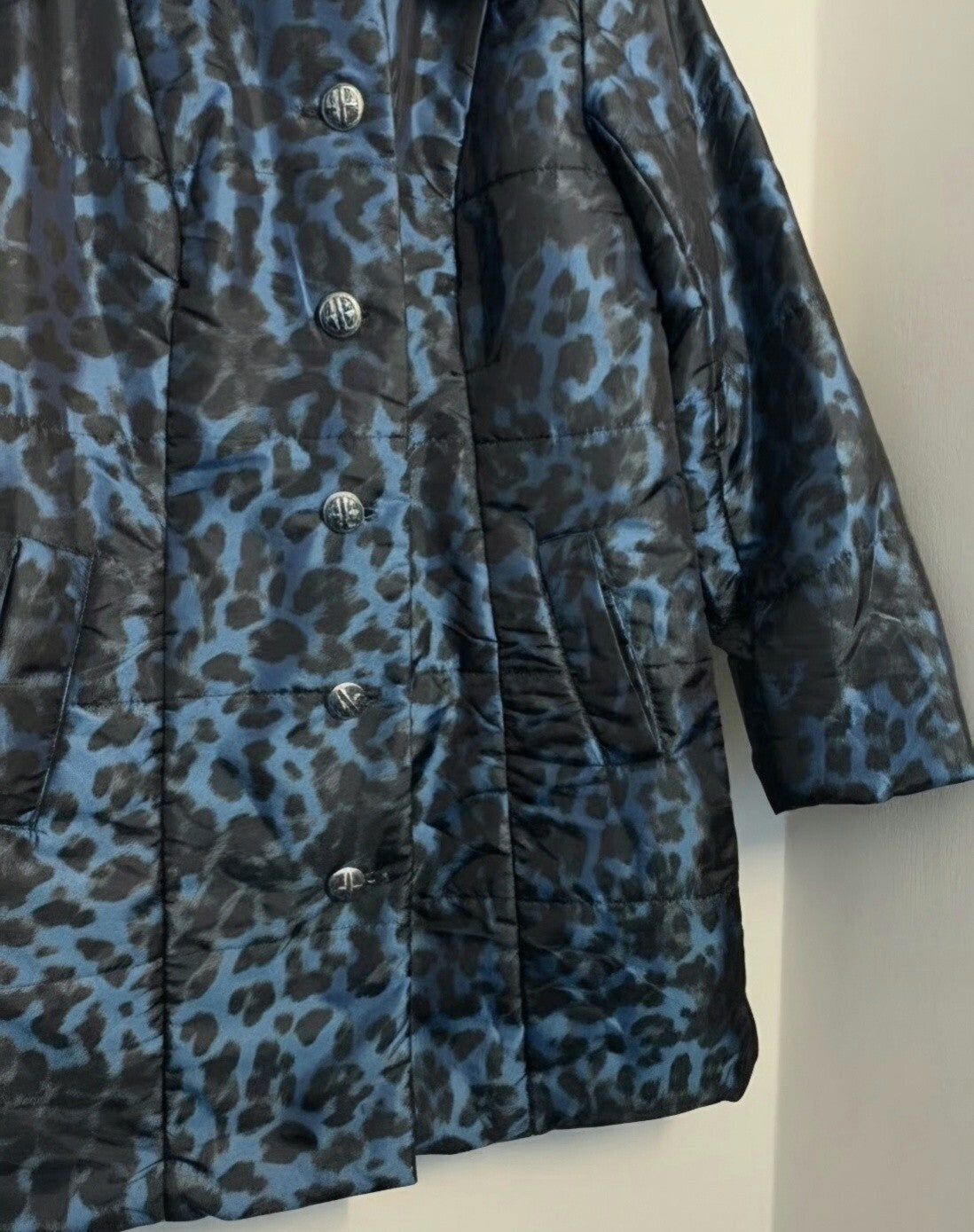 Dennis Basso Blue & Black Leopard Print Padded Coat – Small (Size 8–10)