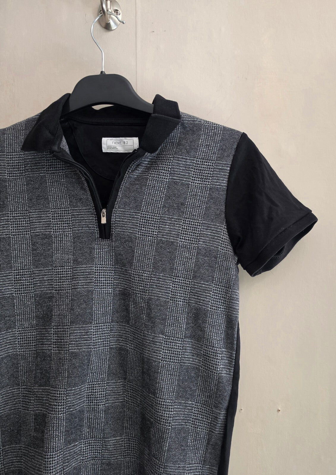 Next Boys Black & Grey Checked Quarter-Zip Polo Top Age 9 Years