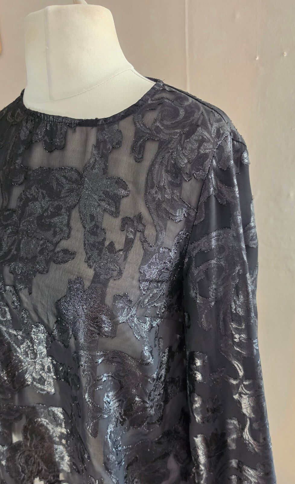 Primark Black Floral Sparkly Sheer Long Sleeved Blouse Size 8