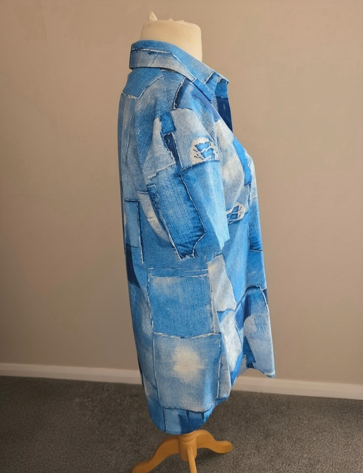 Chic Me Blue Patchwork Print Short Sleeved Mini Shirt Dress Size L (Fits Size 12–14)
