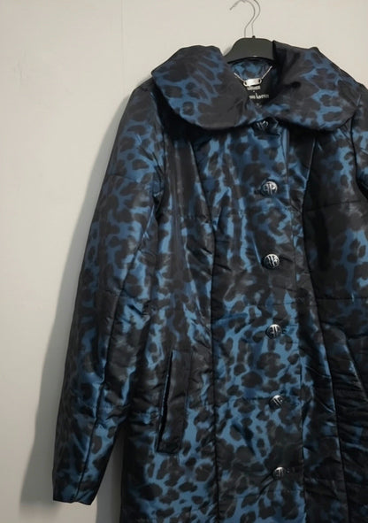 Dennis Basso Blue & Black Leopard Print Padded Coat – Small (Size 8–10)