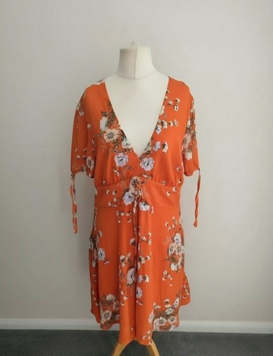 New Look Women's Orange Floral Lace Up Tea Dress size 16