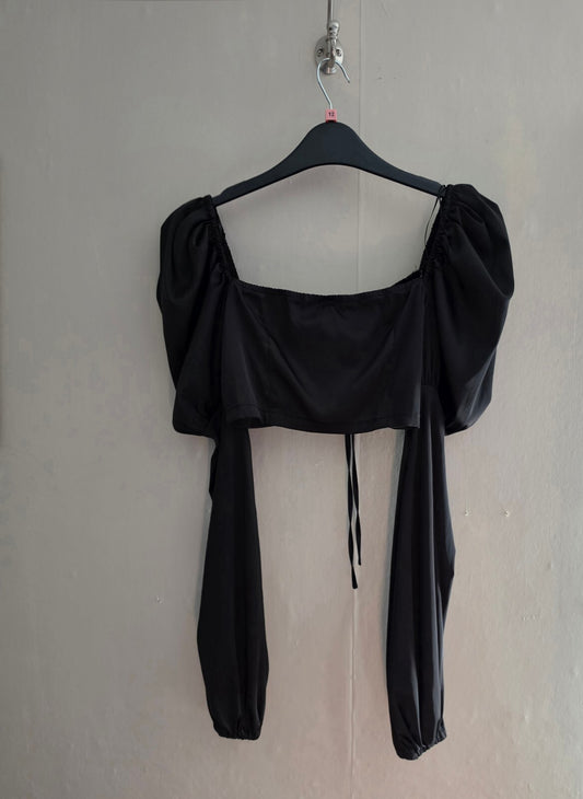 Boohoo Black Satin Style Cropped Puff Sleeve Top - Size 8