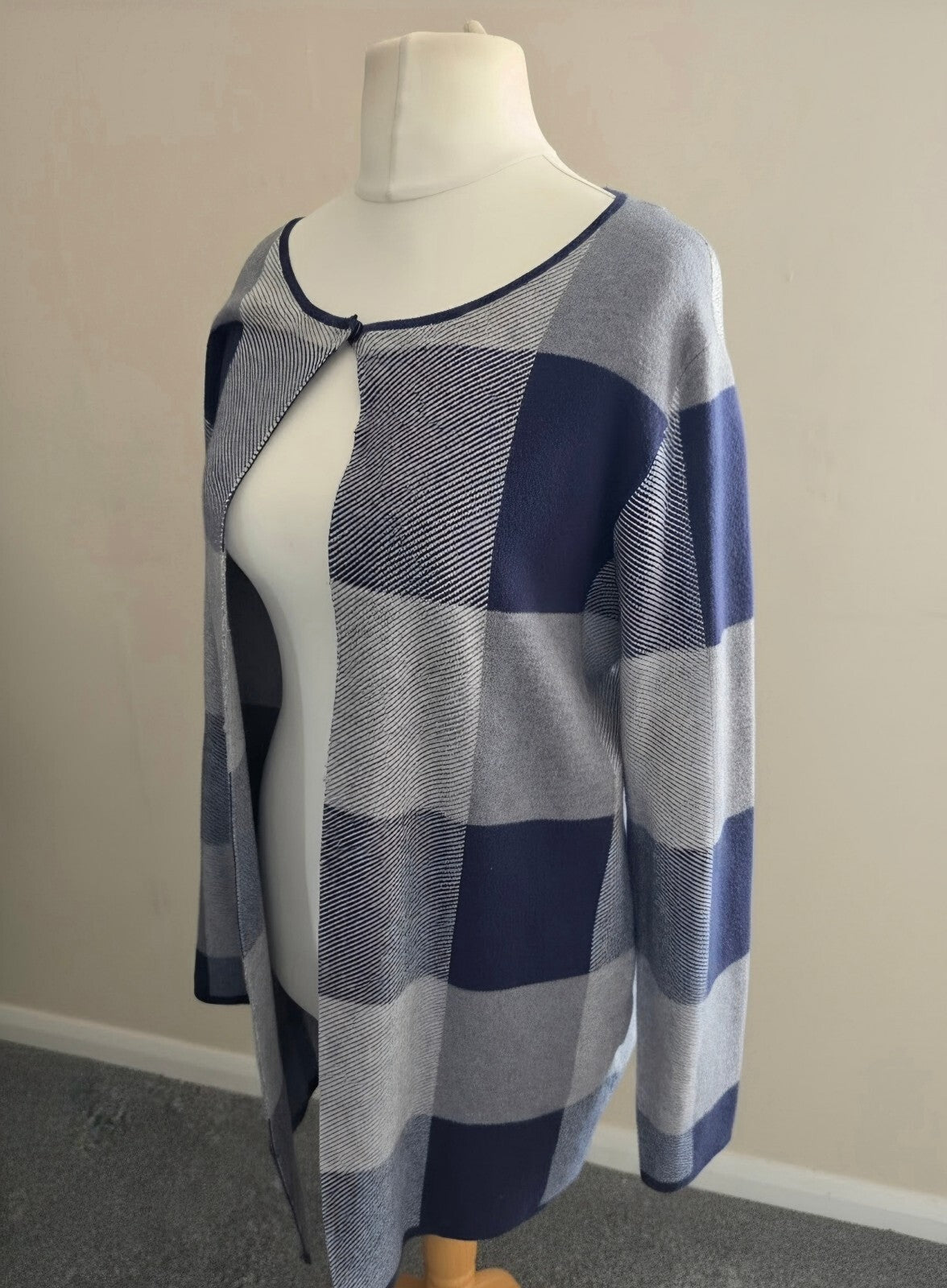 Cerulean Collection Navy Grey Check Knit Cardigan  M Size 12-14 Open Front
