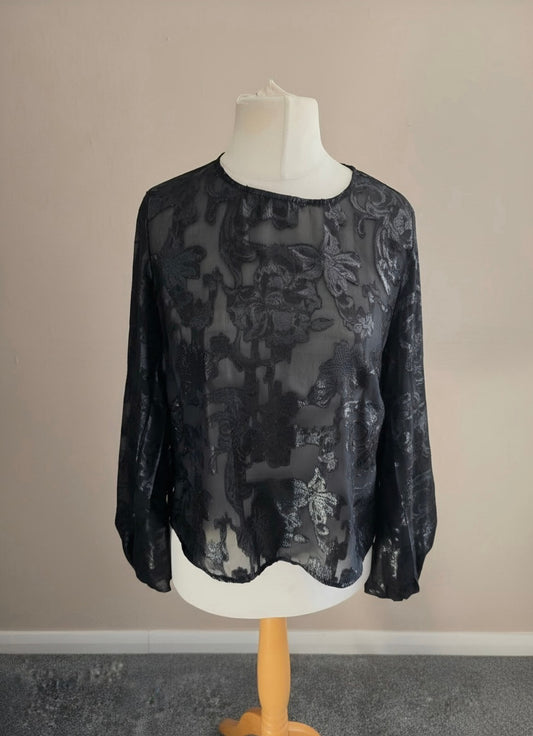 Primark Black Floral Sparkly Sheer Long Sleeved Blouse Size 8