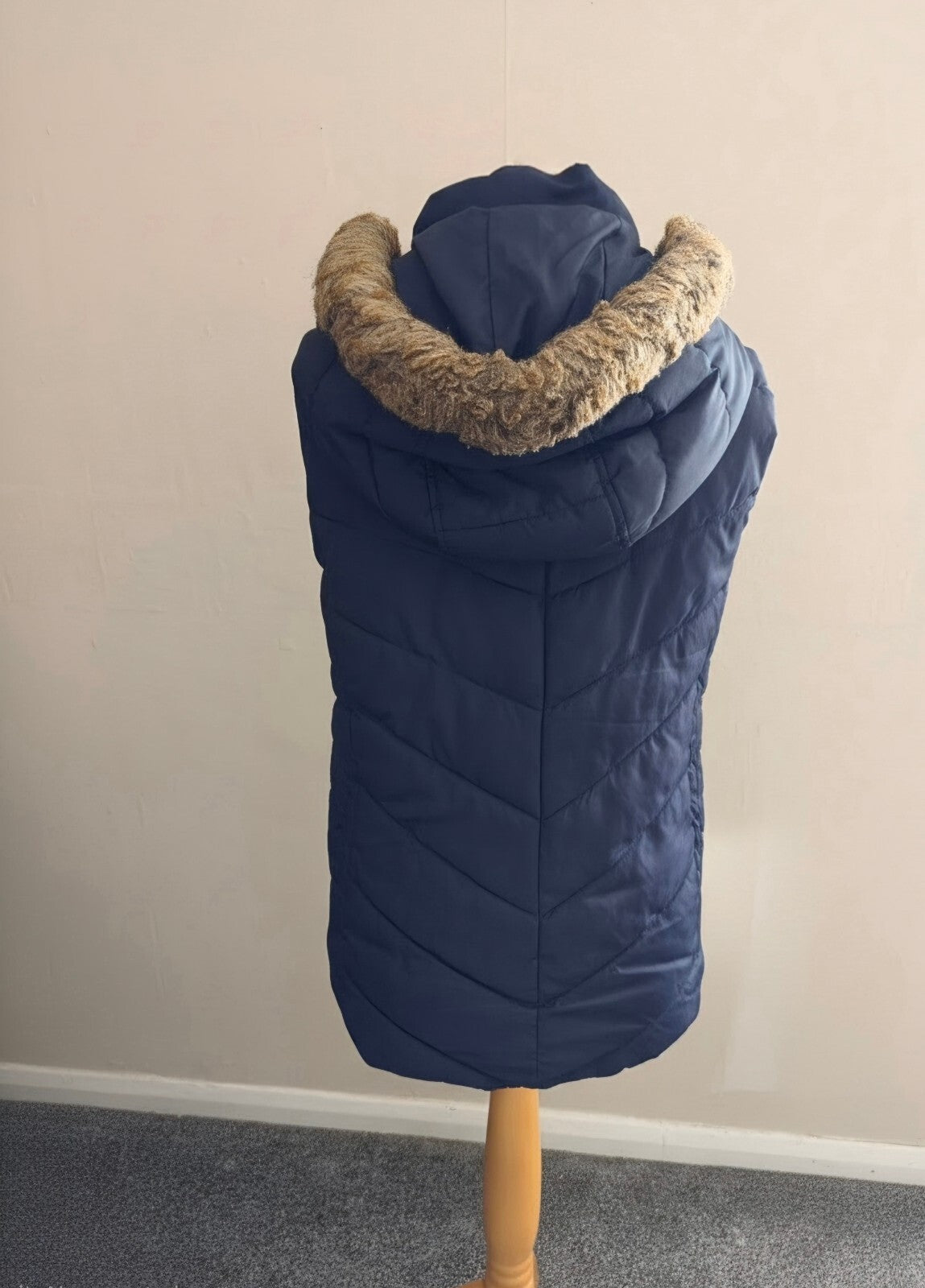 H&M L.O.G.G. Navy Blue Padded Puffer Gilet with Faux Fur Hood Size 10