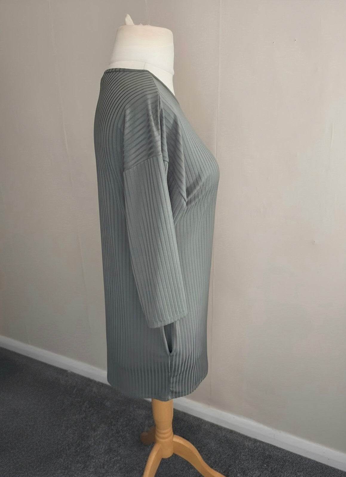 Emeliax Khaki Grey Ribbed Pleated Longline Tunic Top Small Size 10–12