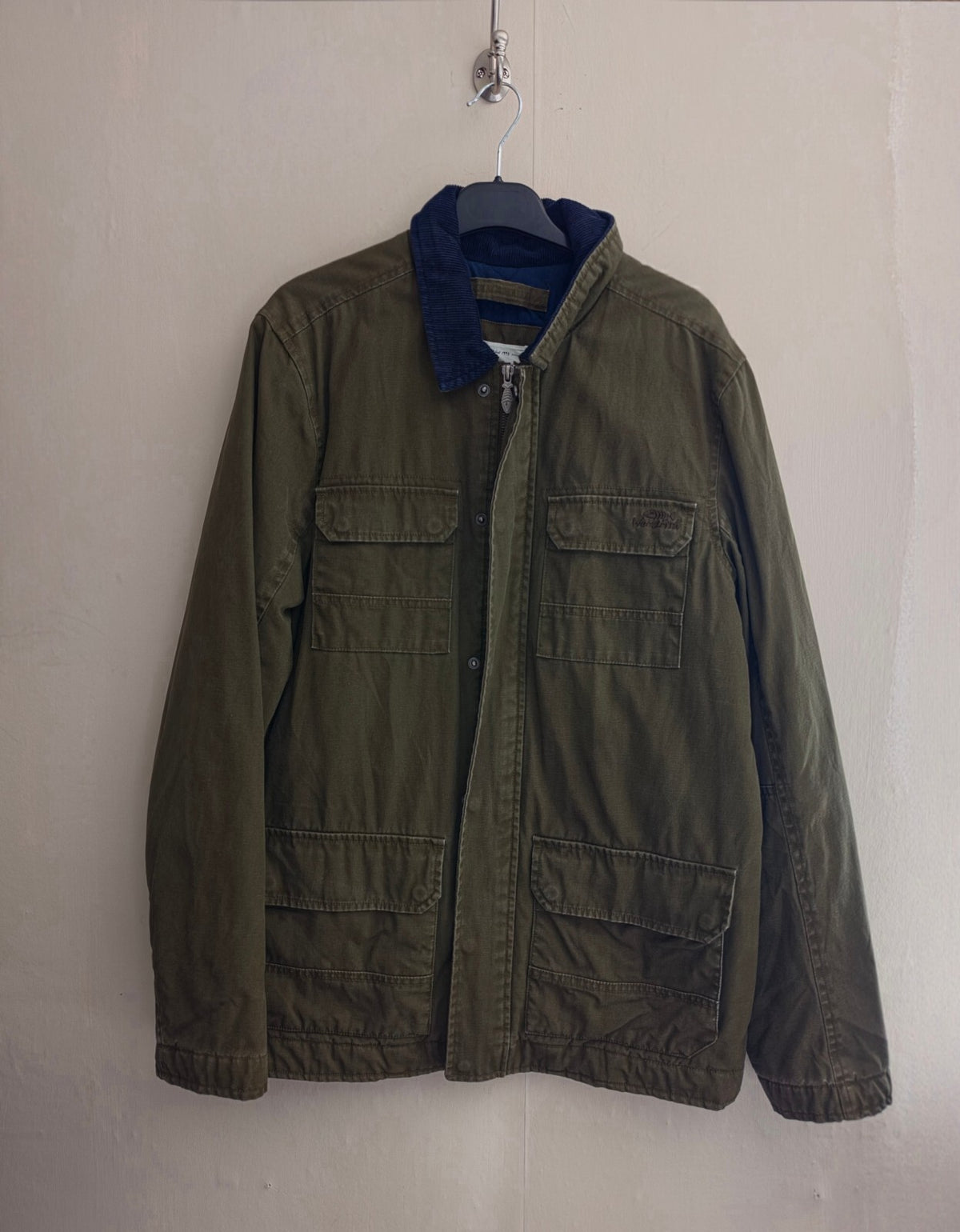 Weird Fish Men’s Khaki Green Heavyweight  Canvas Coat with Cord Collar - Size S