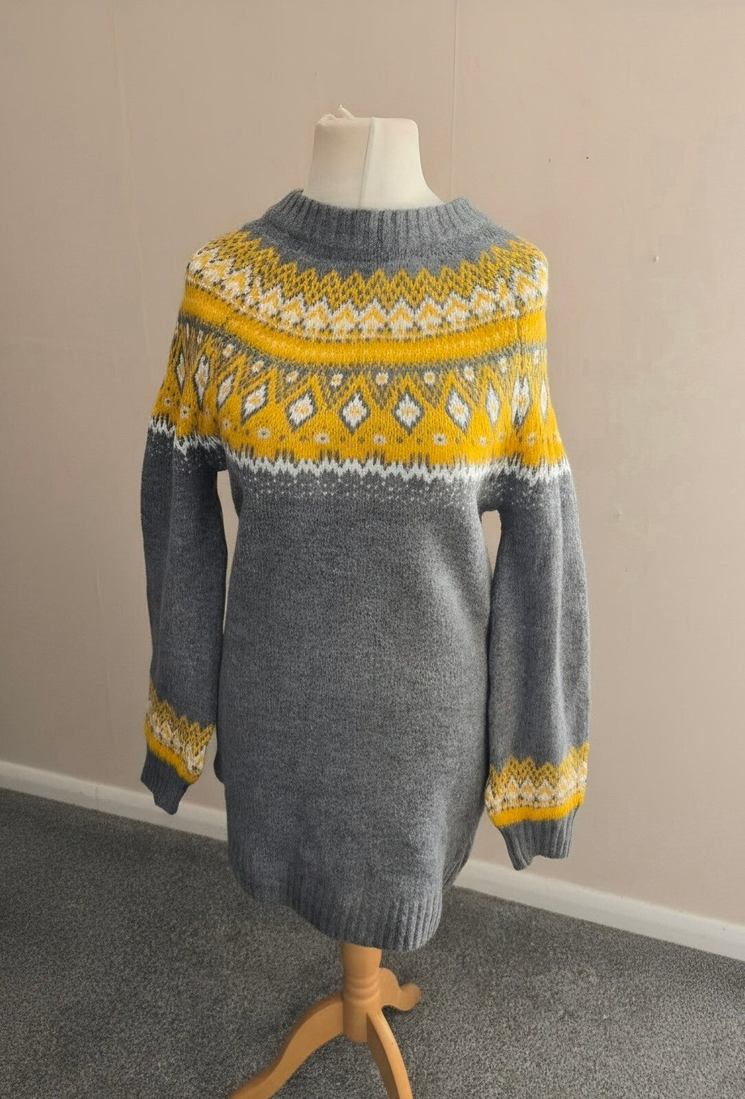 Esmara Grey & Mustard Yellow Fair Isle Knitted Jumper Dress Small (Size 8-10)
