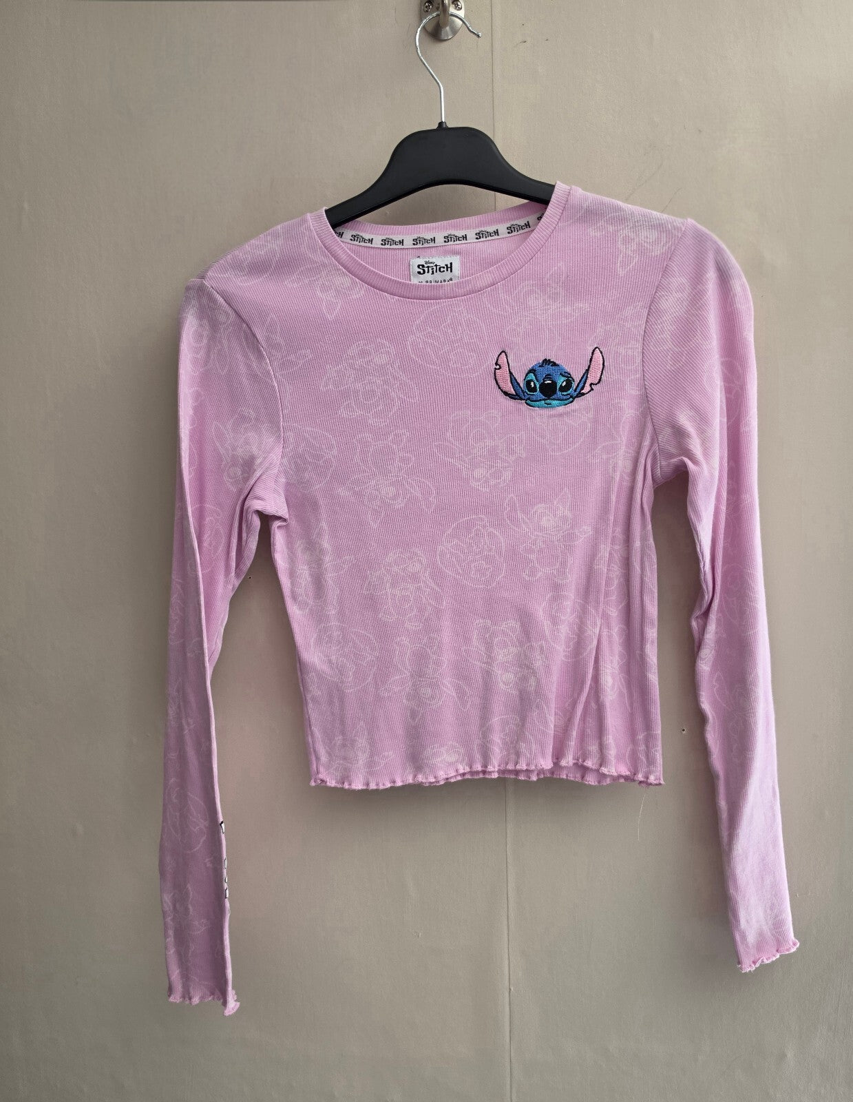 Primark Girls Disney Stitch Pink Ribbed Long Sleeve Top Age 12-13 Years