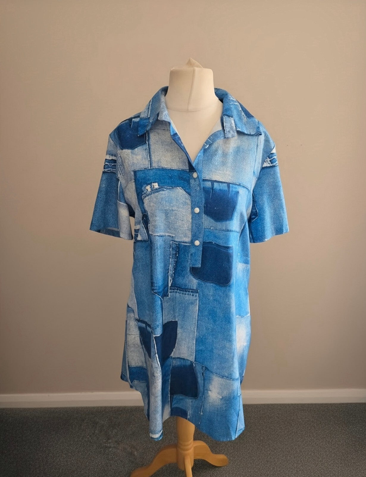 Chic Me Blue Patchwork Print Short Sleeved Mini Shirt Dress Size L (Fits Size 12–14)