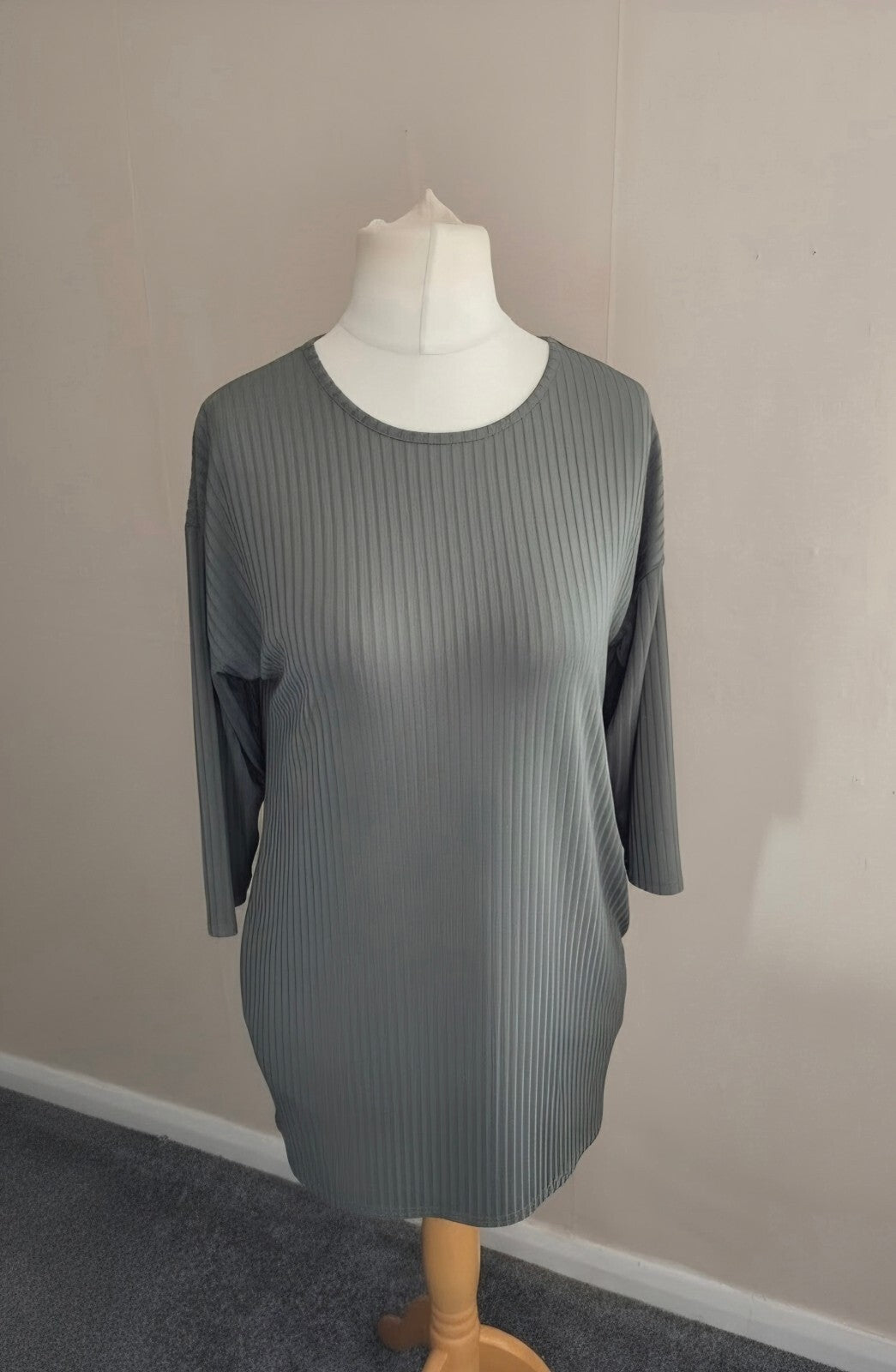 Emeliax Khaki Grey Ribbed Pleated Longline Tunic Top Small Size 10–12