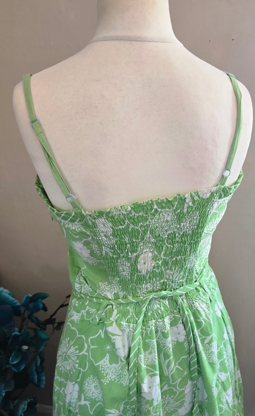 New Look Y2K Green & White Floral Cotton Belted Flared Dress Size 14