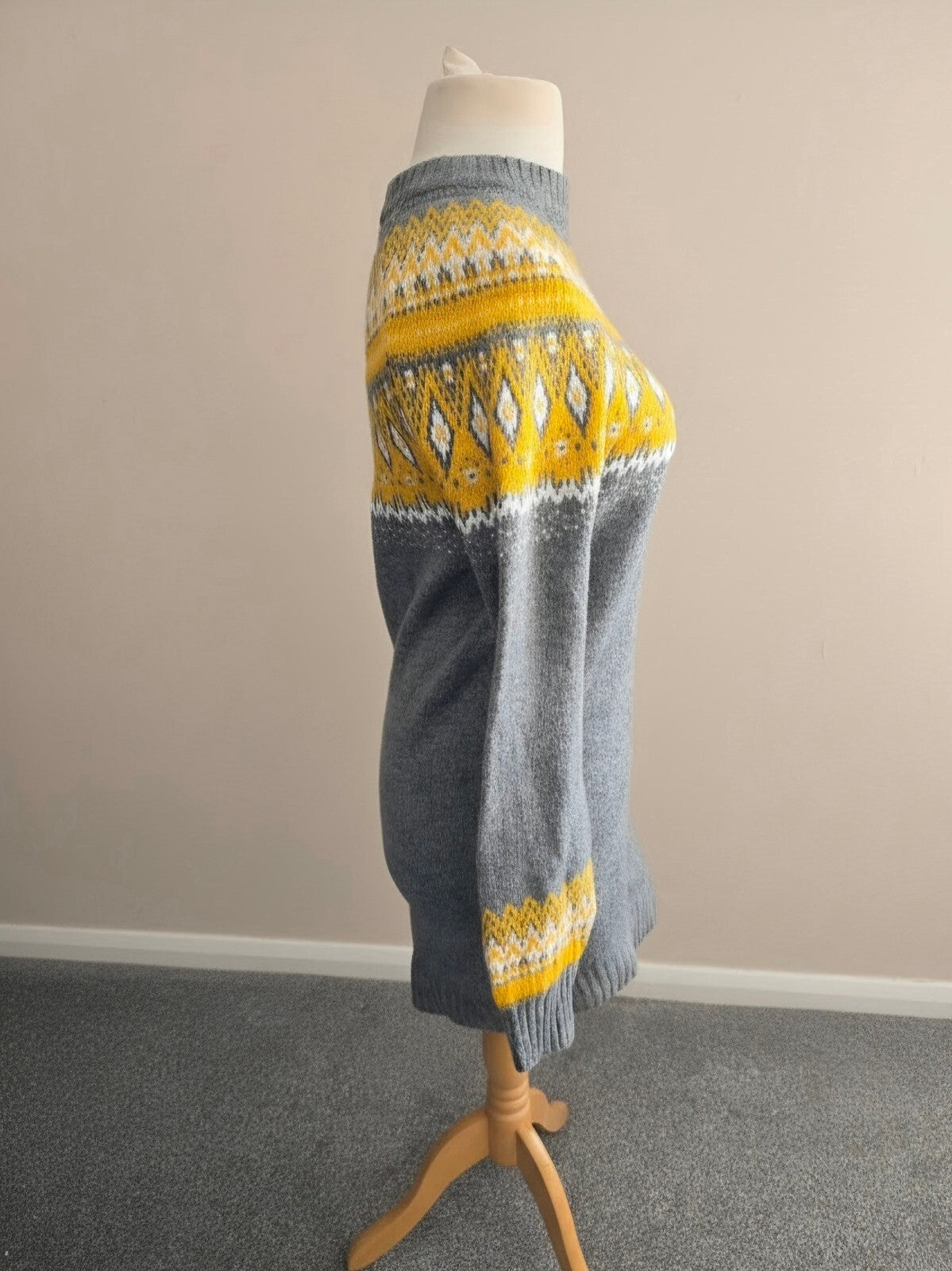 Esmara Grey & Mustard Yellow Fair Isle Knitted Jumper Dress Small (Size 8-10)