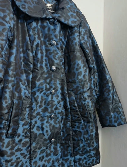 Dennis Basso Blue & Black Leopard Print Padded Coat – Small (Size 8–10)