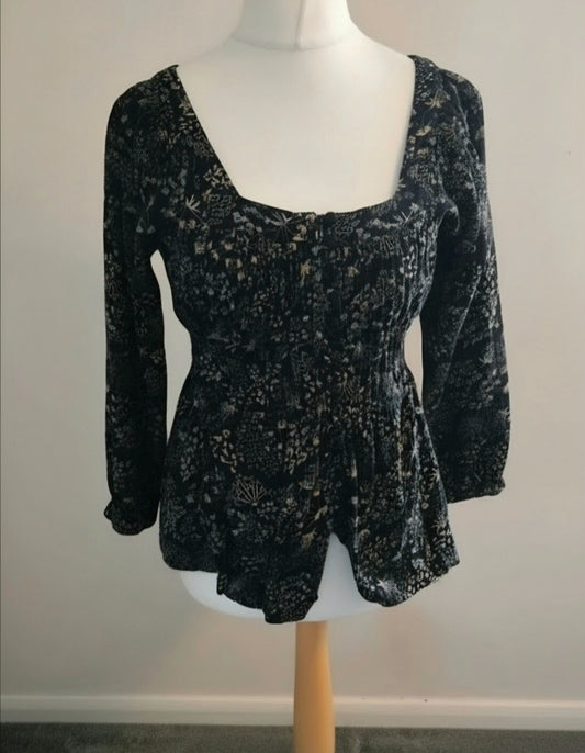 Principles Black & Brown Floral Square Neck Blouse Vintage Style Size 10-12