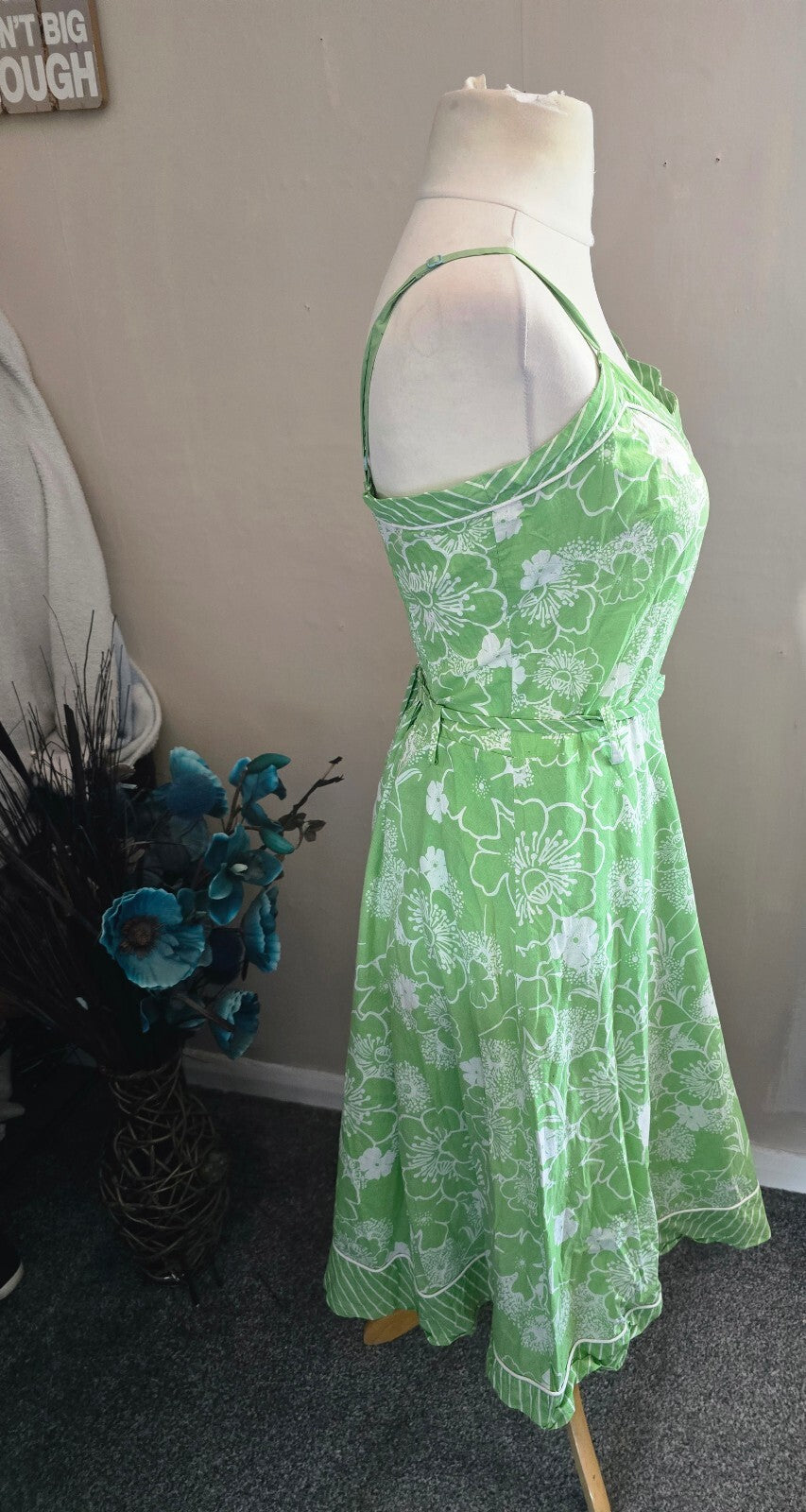 New Look Y2K Green & White Floral Cotton Belted Flared Dress Size 14