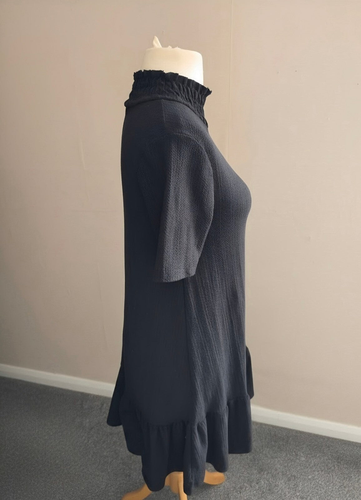 Zara Black High-Neck Textured Frill Hem Dress Small Size 8–10