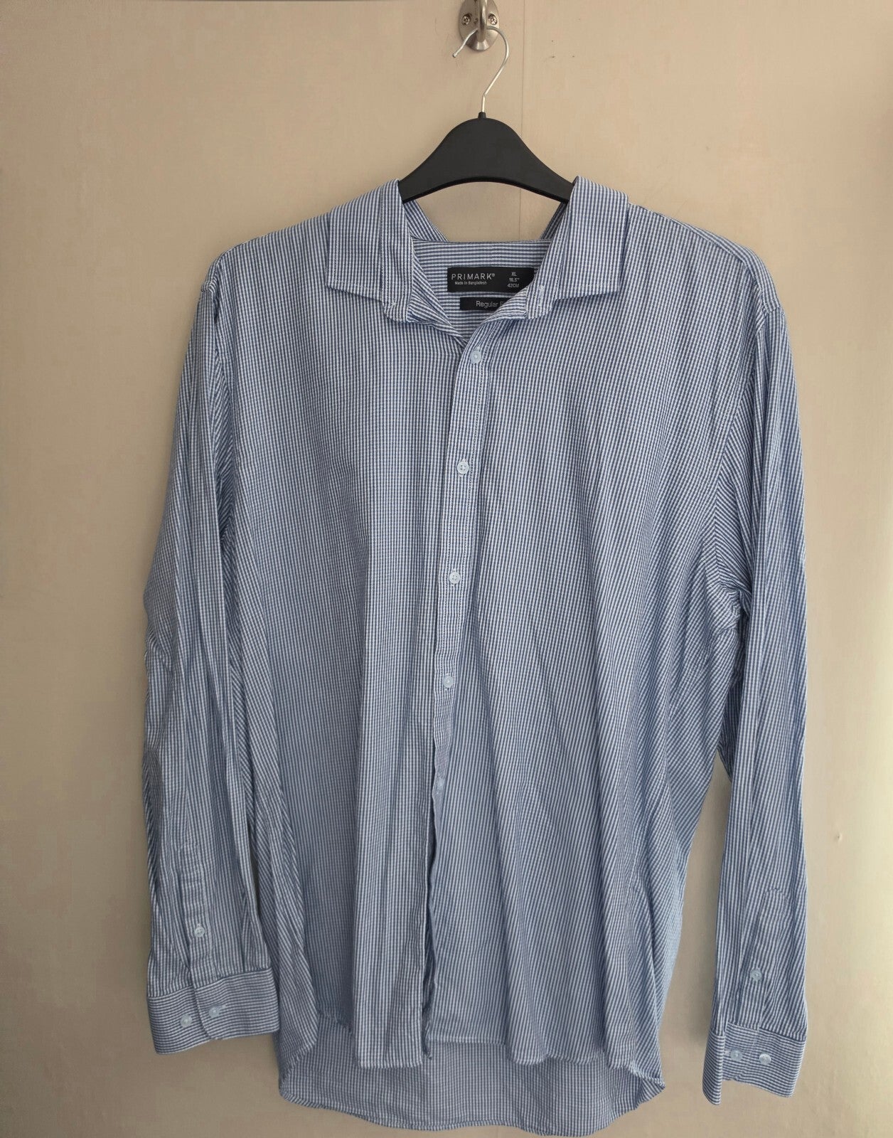 Primark Men's Blue & White Micro-Check Cotton Shirt Size XL (16.5" Collar)