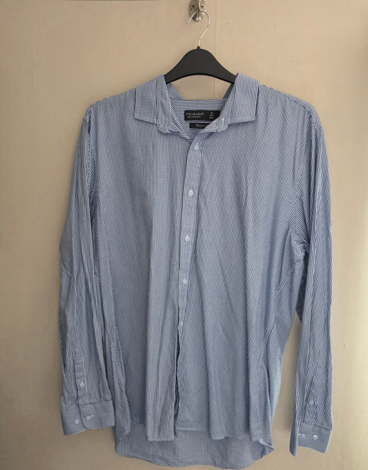 Primark Men's Blue & White Micro-Check Cotton Shirt Size XL (16.5" Collar)