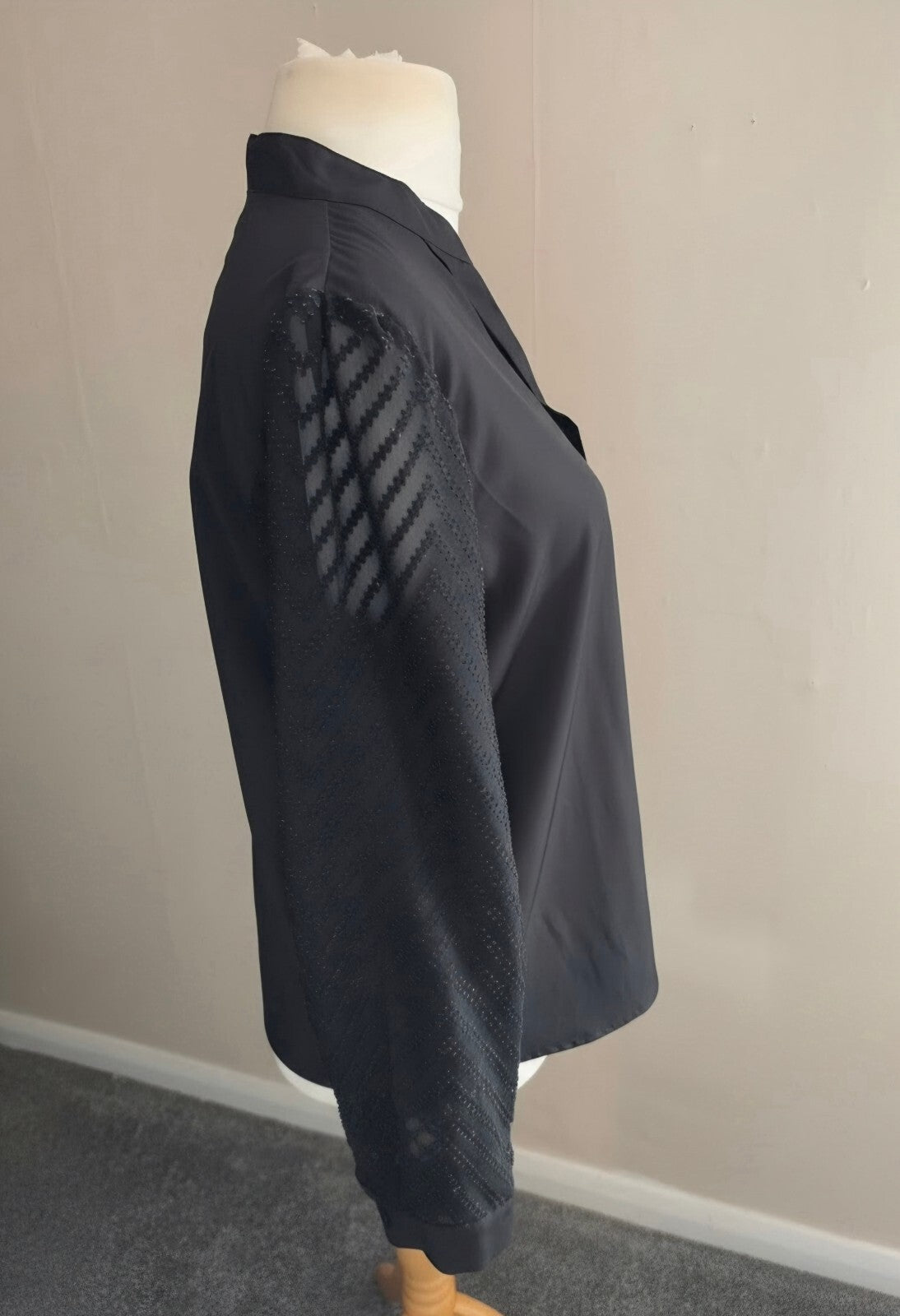 Shein Black V-Neck Blouse with Sheer Netted Mesh Sleeves Size 8–10