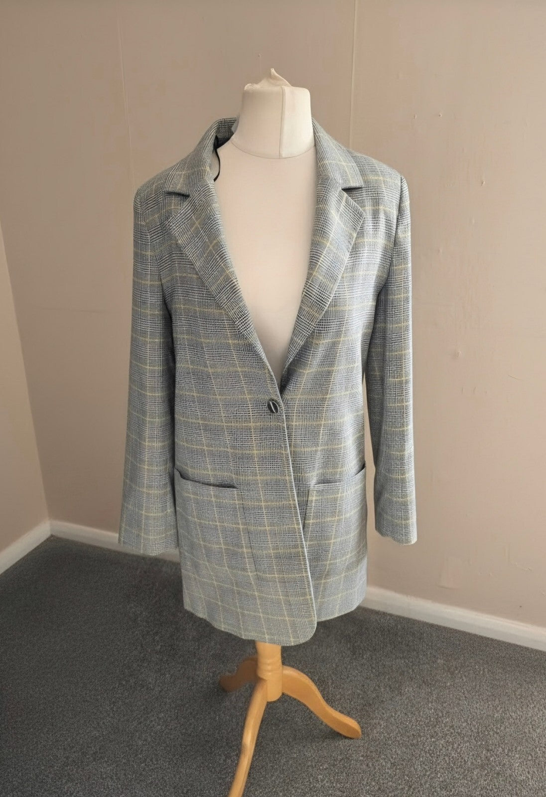 Marks & Spencer Grey & Yellow Checked Oversized Blazer - Size 10