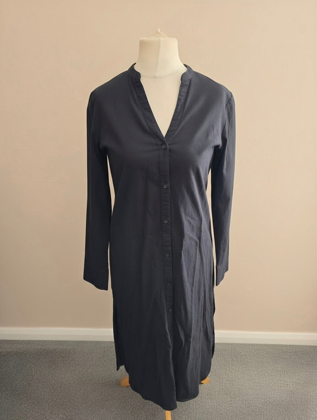 Primark Black Collarless Button Down Long Sleeve Midi Shirt Dress Size 6 NWT