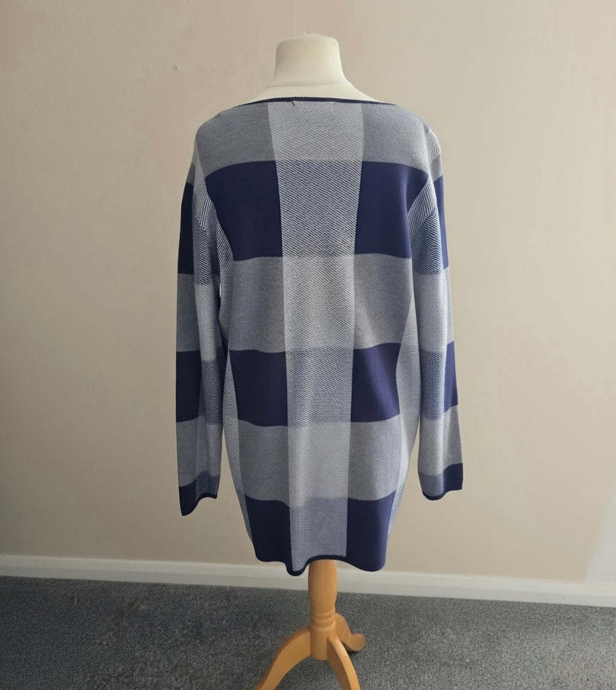 Cerulean Collection Navy Grey Check Knit Cardigan  M Size 12-14 Open Front