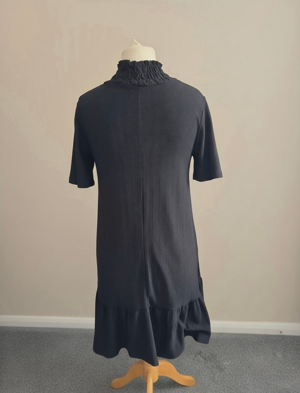 Zara Black High-Neck Textured Frill Hem Dress Small Size 8–10