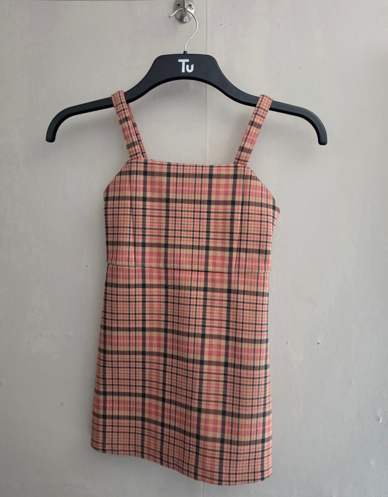 F&F Girls Pink & Beige Tartan Plaid Pinafore Dress Age 6-7 Years