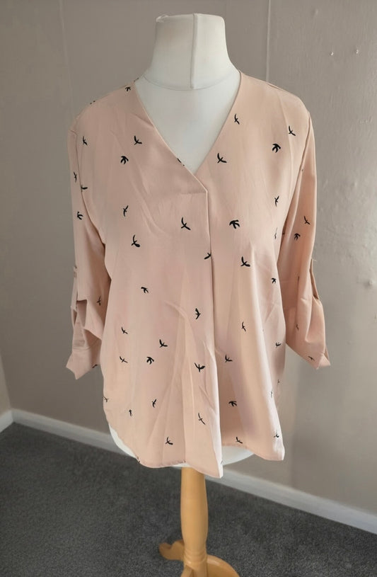 Shein Beige Bird Print Blouse - Med Size 10-12