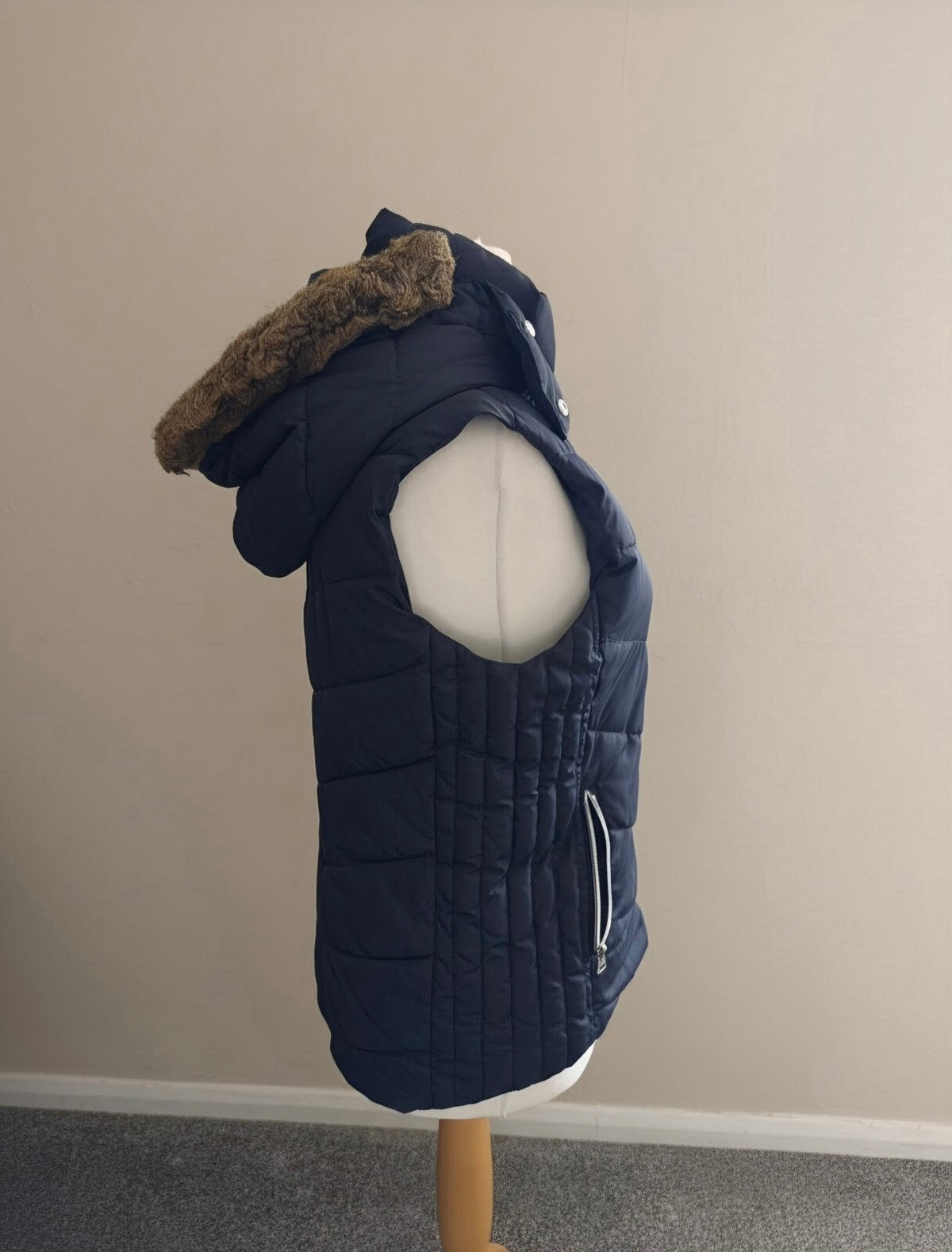 H&M L.O.G.G. Navy Blue Padded Puffer Gilet with Faux Fur Hood Size 10