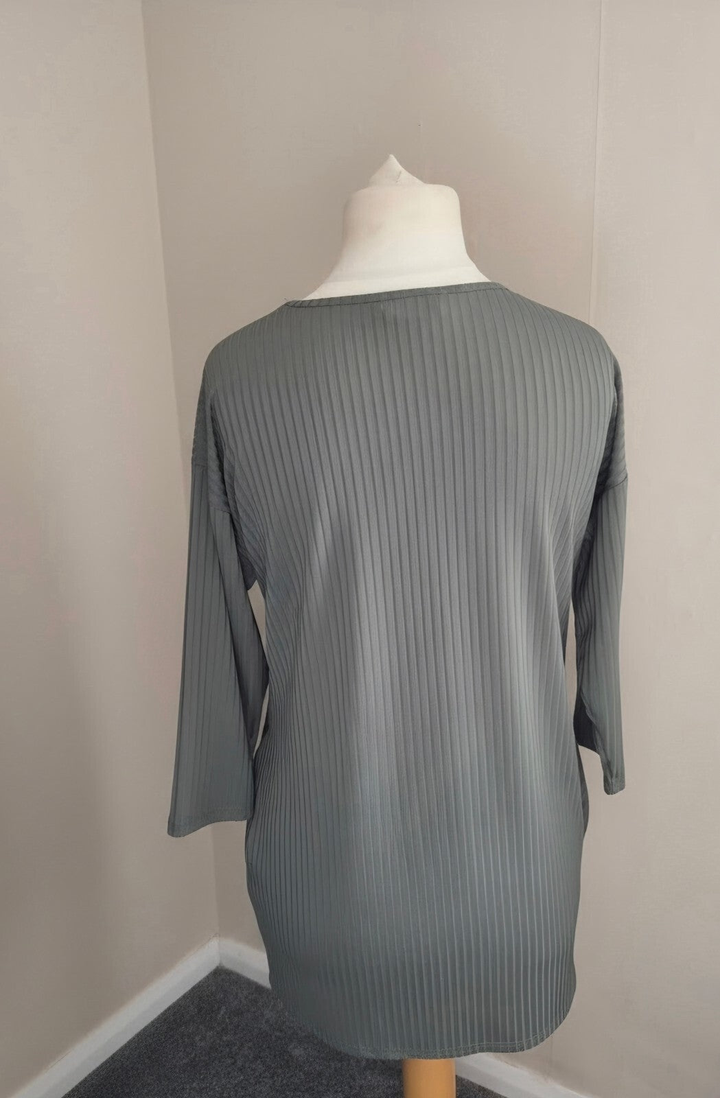 Emeliax Khaki Grey Ribbed Pleated Longline Tunic Top Small Size 10–12
