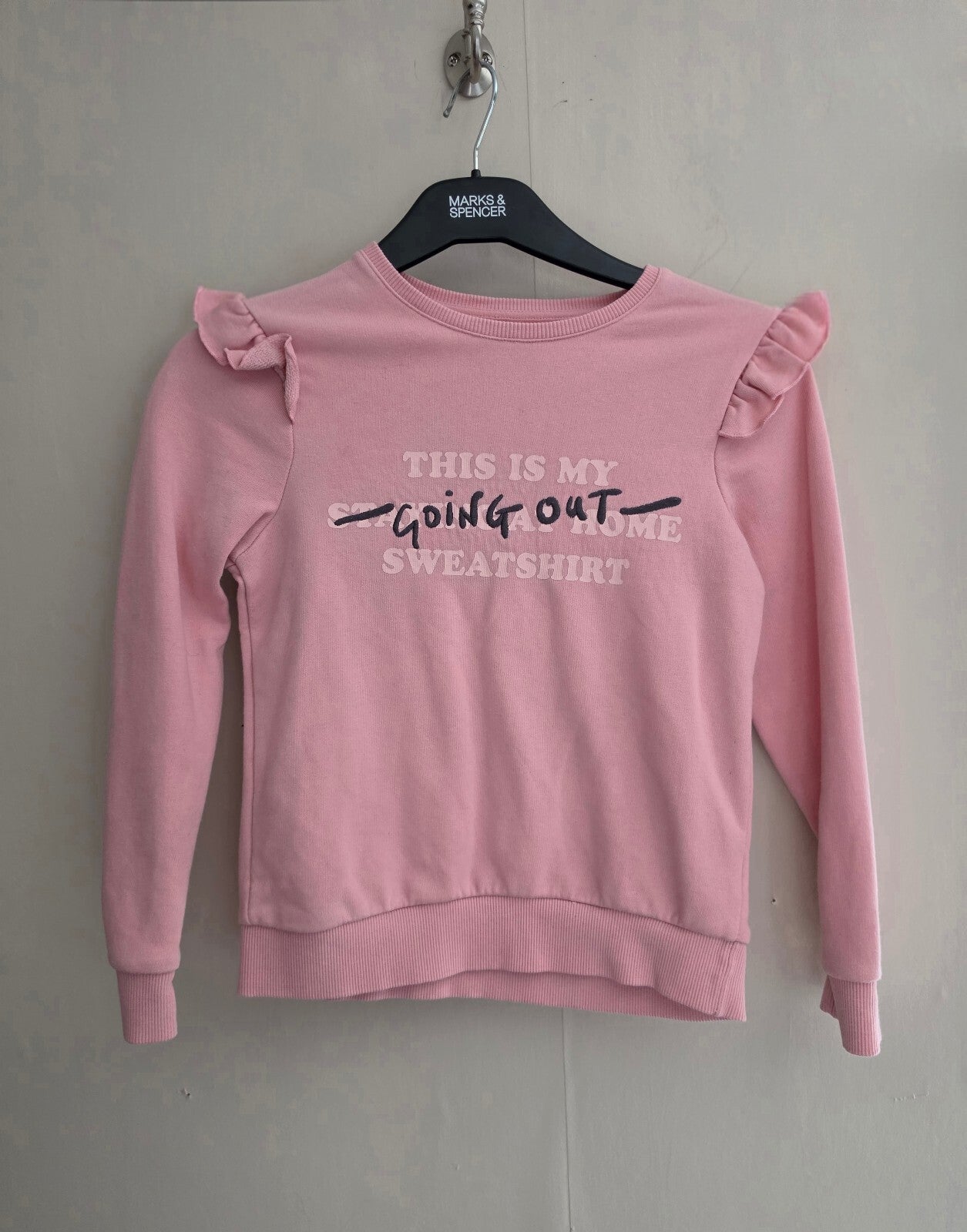 F&F Girls Pink Slogan Frill Shoulder Sweatshirt Age 7-8 Years
