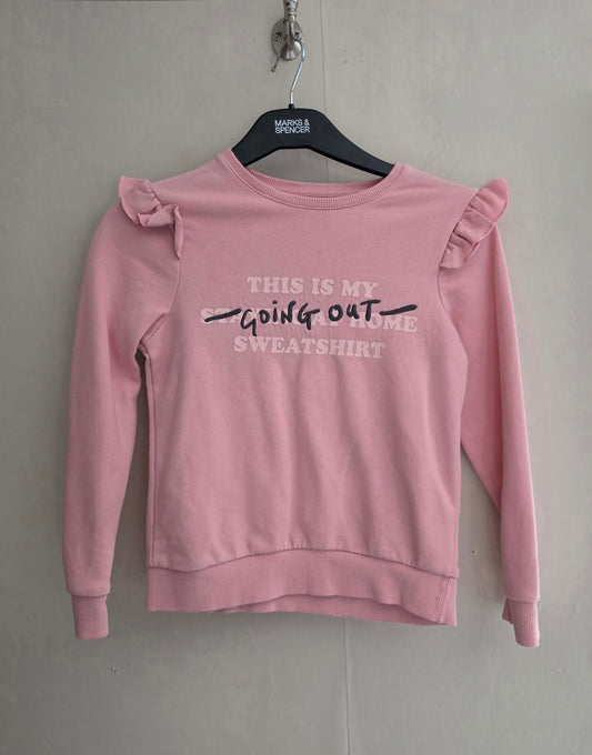 F&F Girls Pink Slogan Frill Shoulder Sweatshirt Age 7-8 Years