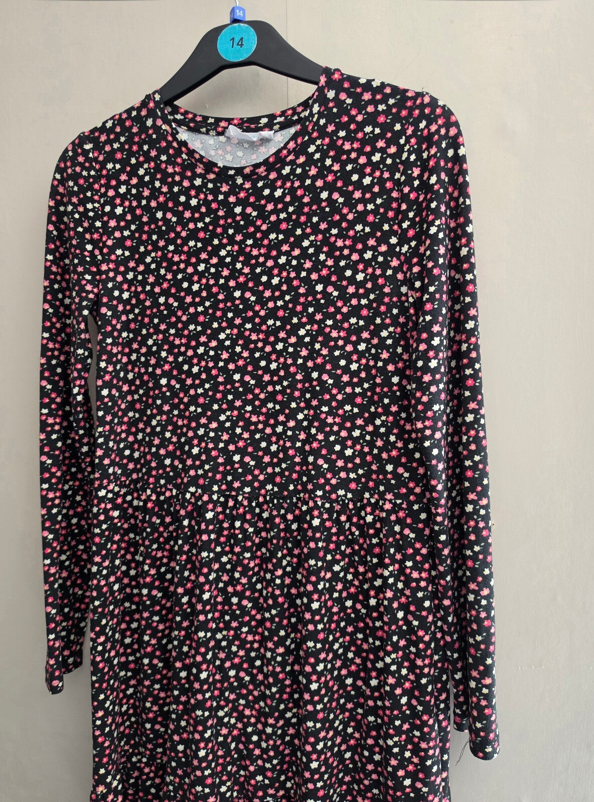 Primark Girls Black Floral Long Sleeve Smock Dress Age 13-14 Years