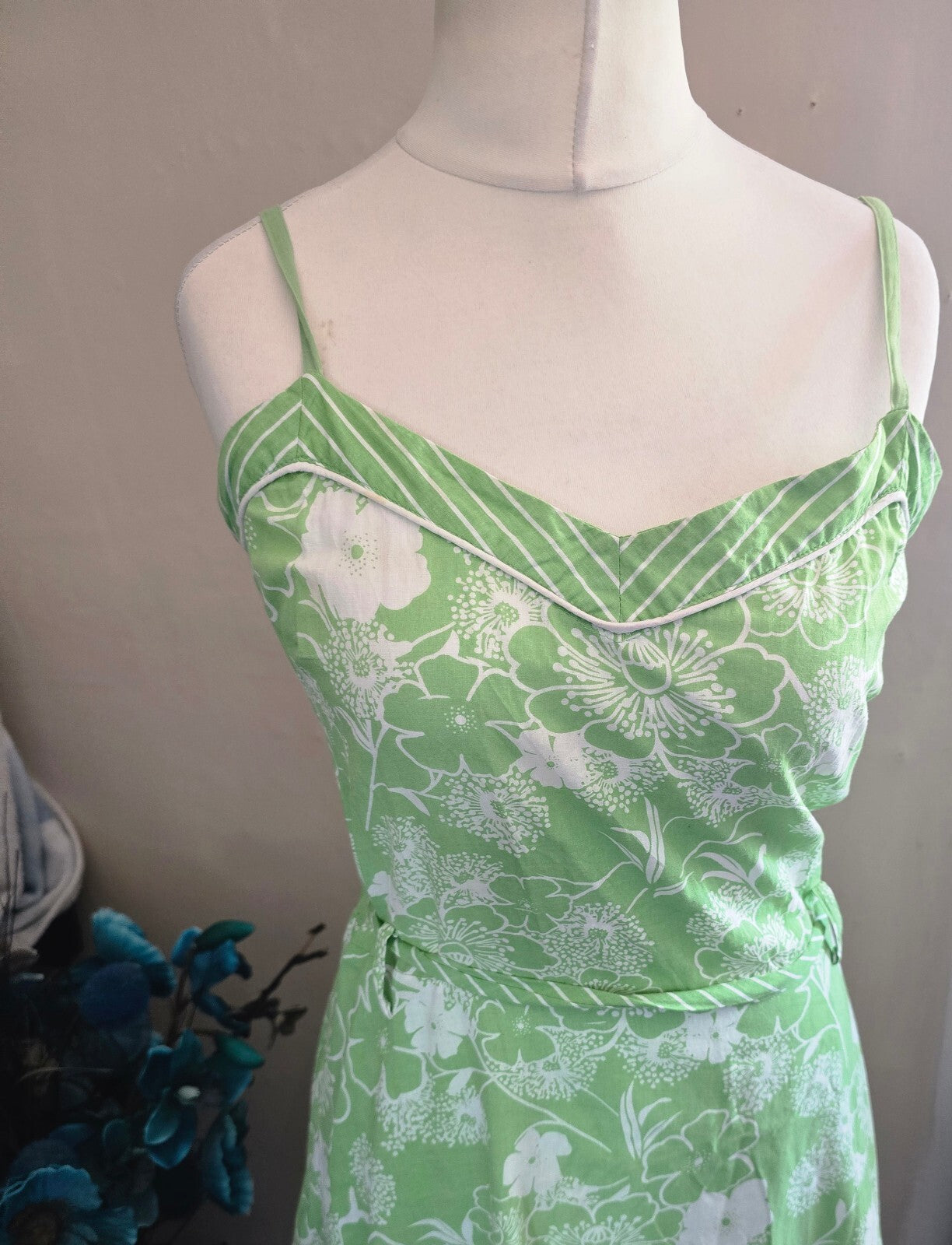 New Look Y2K Green & White Floral Cotton Belted Flared Dress Size 14