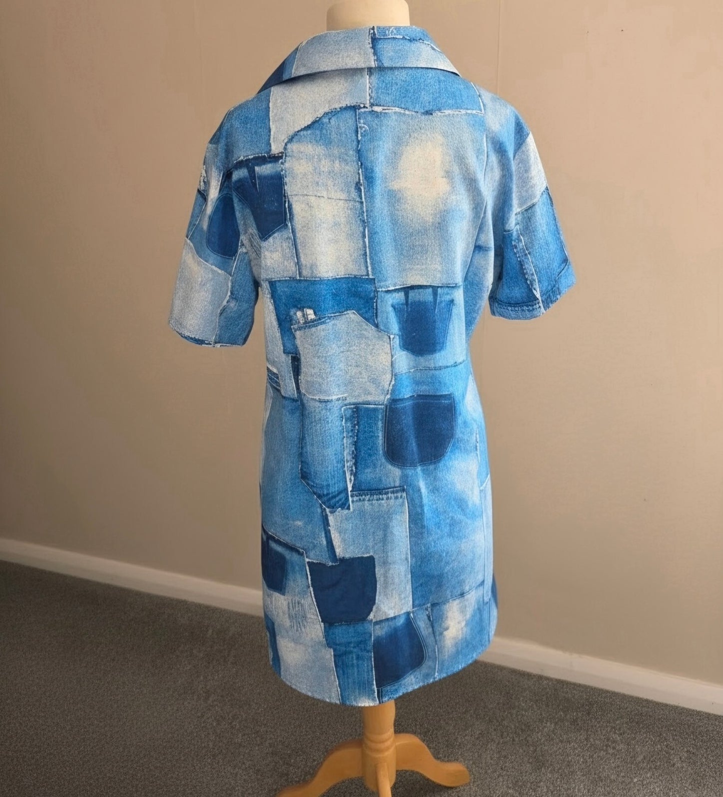 Chic Me Blue Patchwork Print Short Sleeved Mini Shirt Dress Size L (Fits Size 12–14)