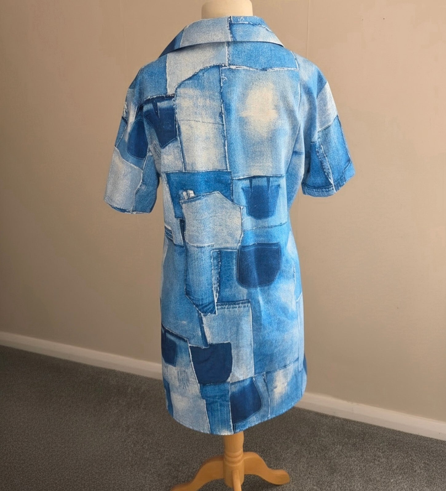 Chic Me Blue Patchwork Print Short Sleeved Mini Shirt Dress Size L (Fits Size 12–14)