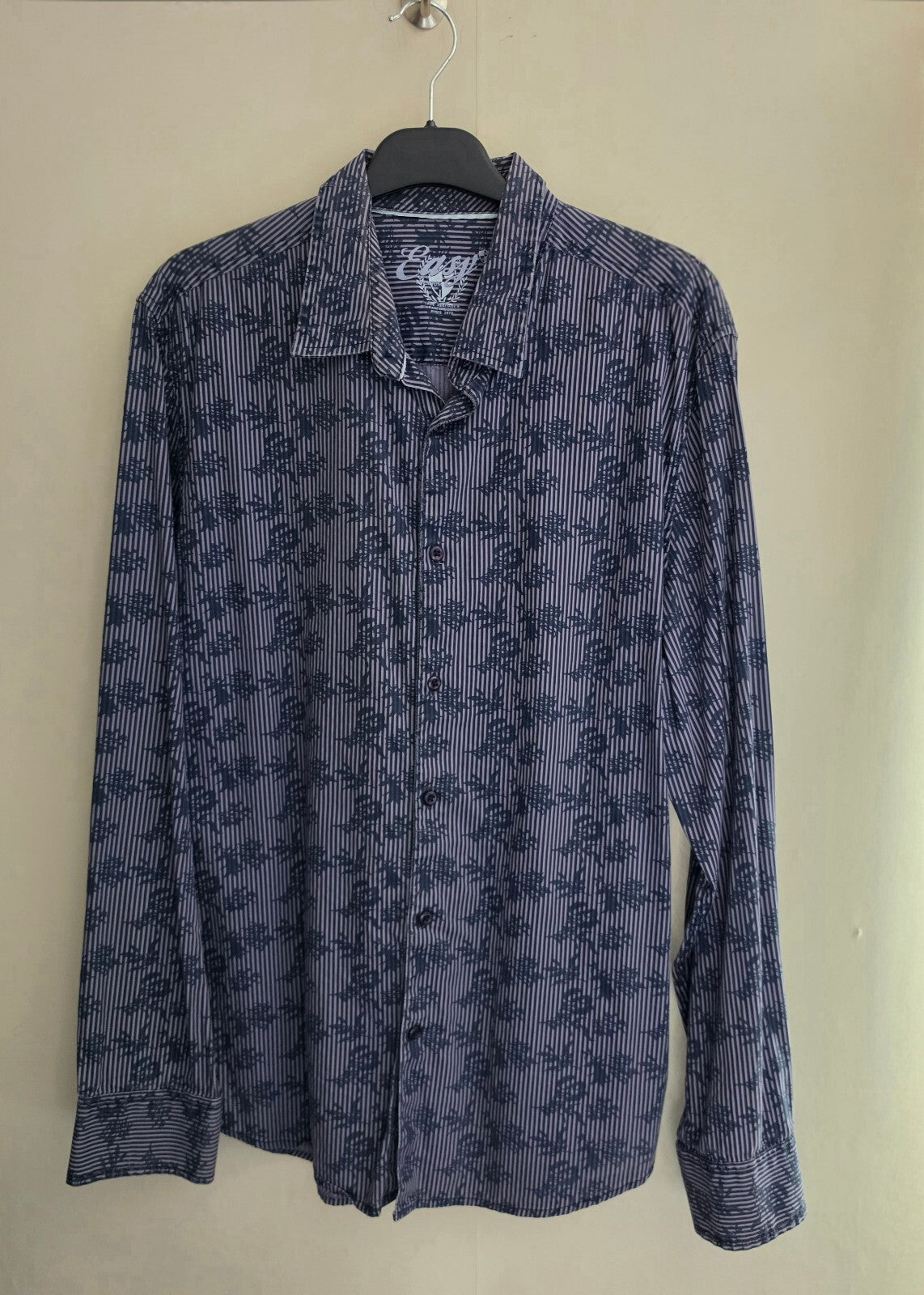Easy Men's Floral Overlay & Vertical Stripe Cotton Shirt Size Large