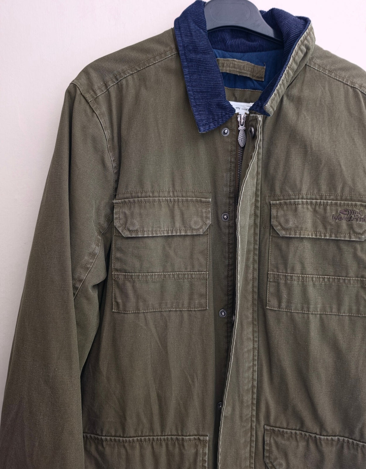 Weird Fish Men’s Khaki Green Heavyweight  Canvas Coat with Cord Collar - Size S